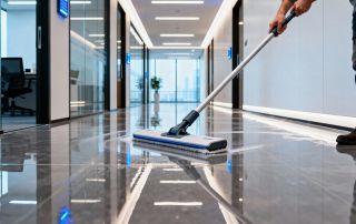 Janitor cleaning an office floor with a mop